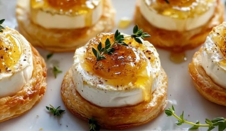 Goat Cheese and Honey Bites served on crispy puff pastry with thyme and honey drizzle