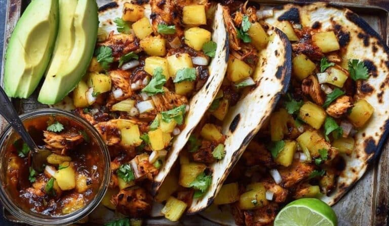 One Pan Chicken and Pineapple Tacos with grilled tortillas and avocado