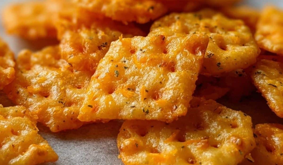 Rice Krispie Cheddar Crackers with golden brown cheesy crust