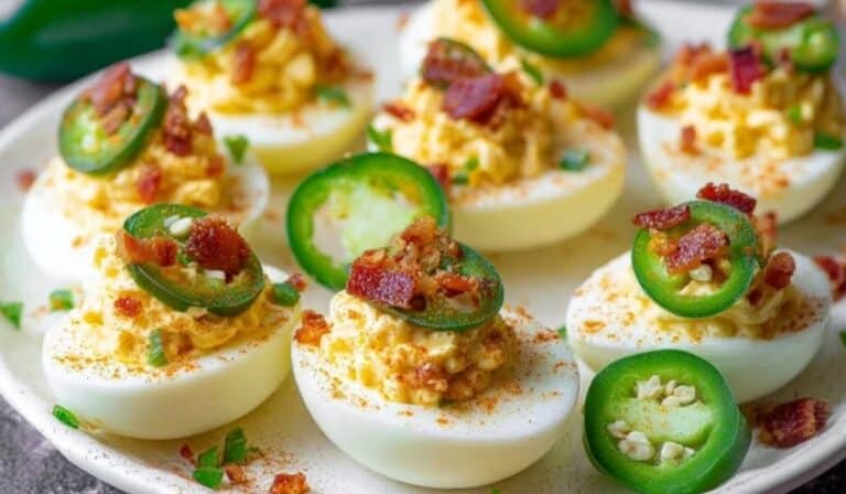 Spicy deviled eggs topped with jalapeño slices and crispy bacon
