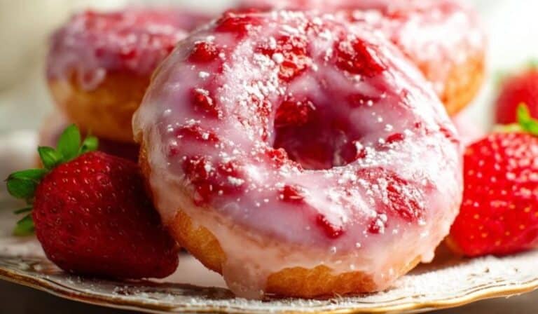 Glazed strawberry donuts on a plate with fresh strawberries