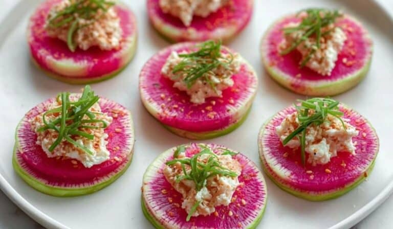 Watermelon Radish Appetizer Bites topped with herbed goat cheese and microgreens