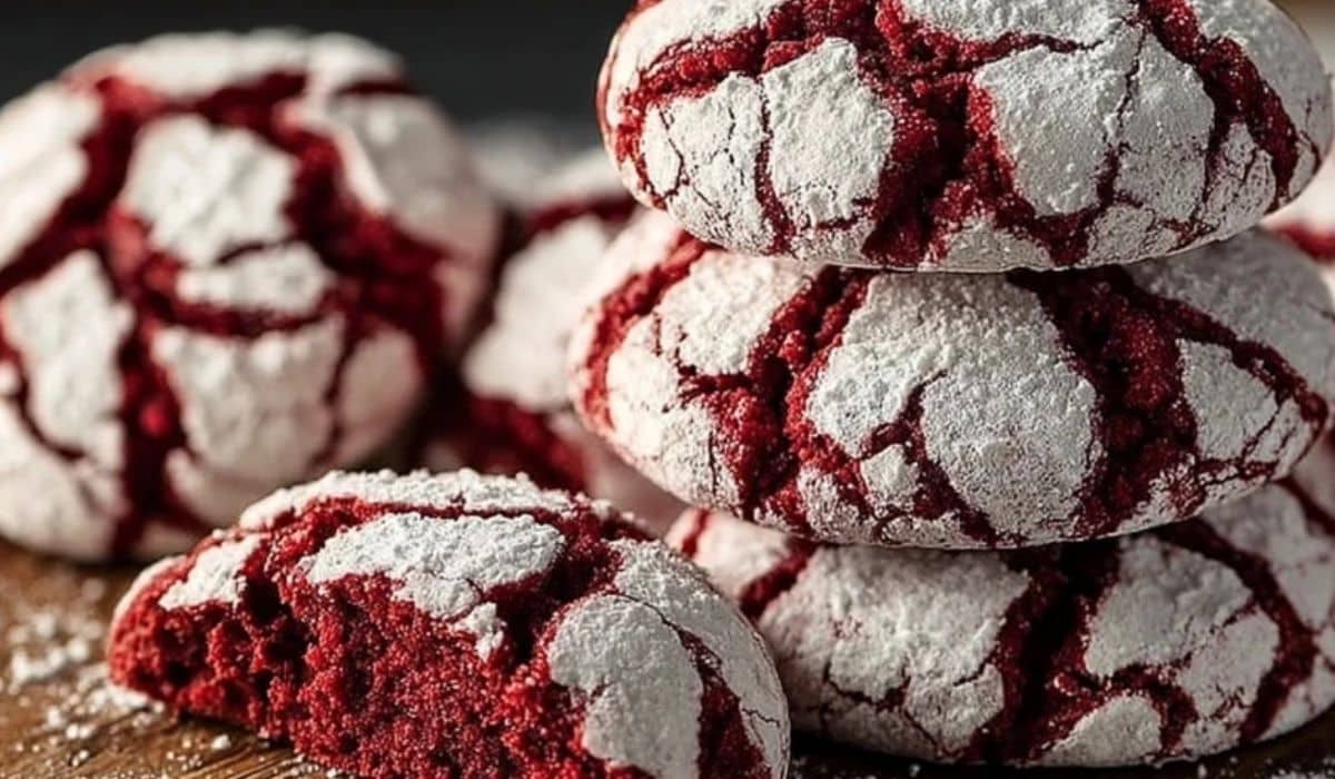 Fudgy Red Velvet Crinkle Cookies stacked on a wooden board with powdered sugar