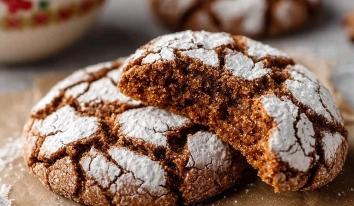 Gingerbread Crinkle Cookies with powdered sugar and cracked tops