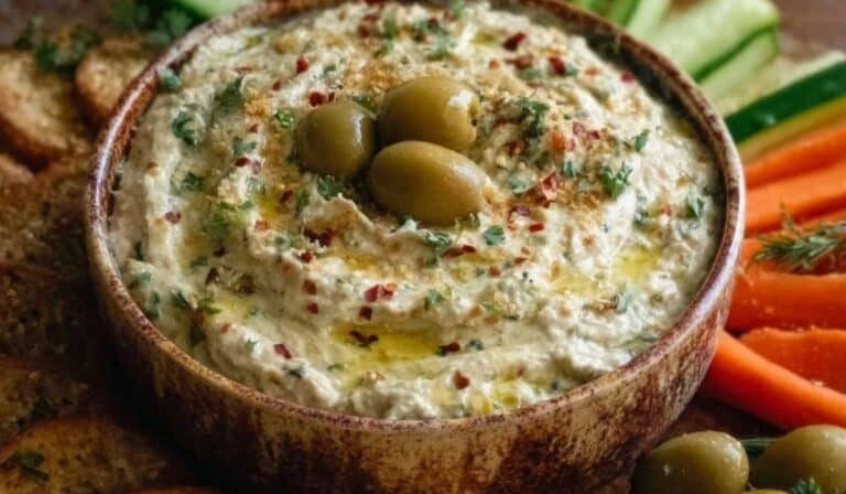 Green Olive Dip in rustic bowl surrounded by carrots and cucumber