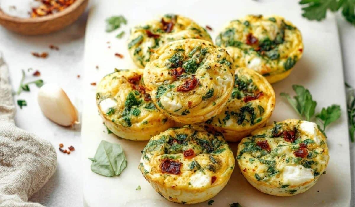 High Protein Egg White Bites on a white plate topped with fresh herbs
