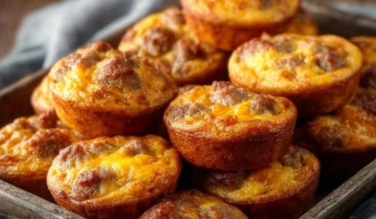 High-Protein Pancake Sausage Mini Muffins served fresh on a rustic tray