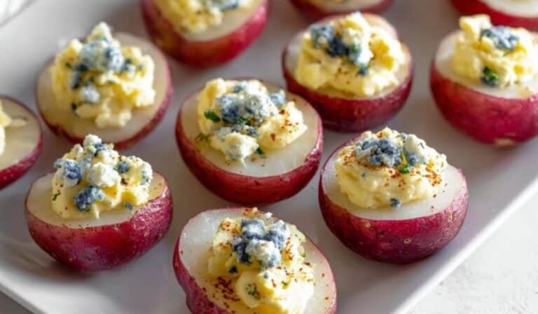 Patriotic Red White and Blue Deviled Potatoes on white tray topped with blue cheese