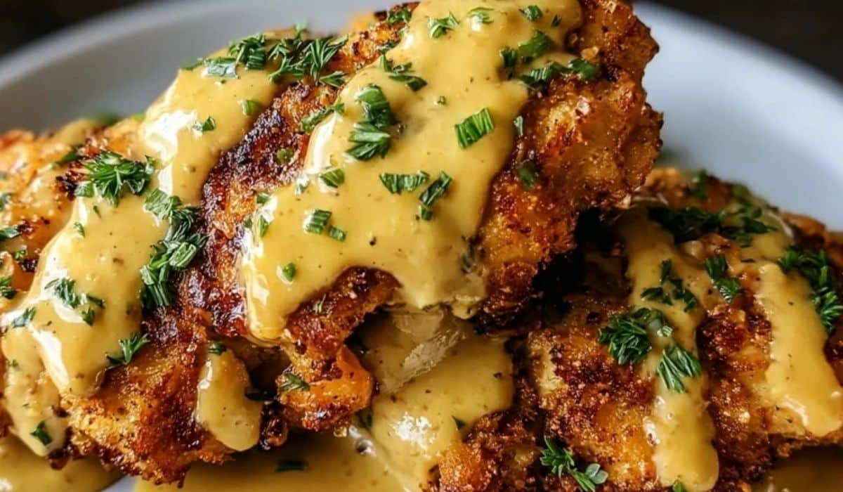 Pretzel Chicken with Mustard-Cheddar Sauce topped with creamy golden sauce and parsley