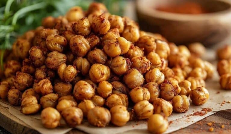 Crispy Roasted Chickpeas on Wooden Board