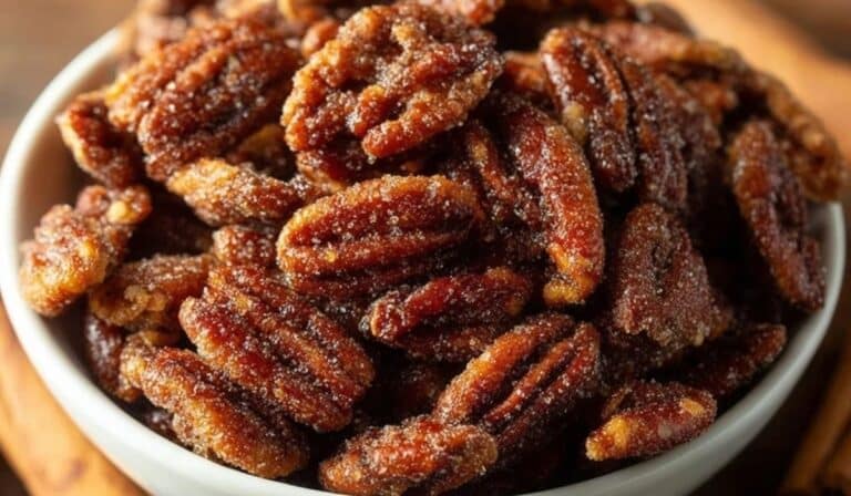Slow Cooker Candied Pecans in a rustic bowl ready to serve