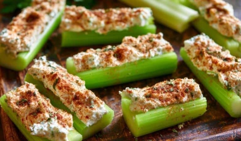 Stuffed celery with cream cheese and walnuts on wooden board