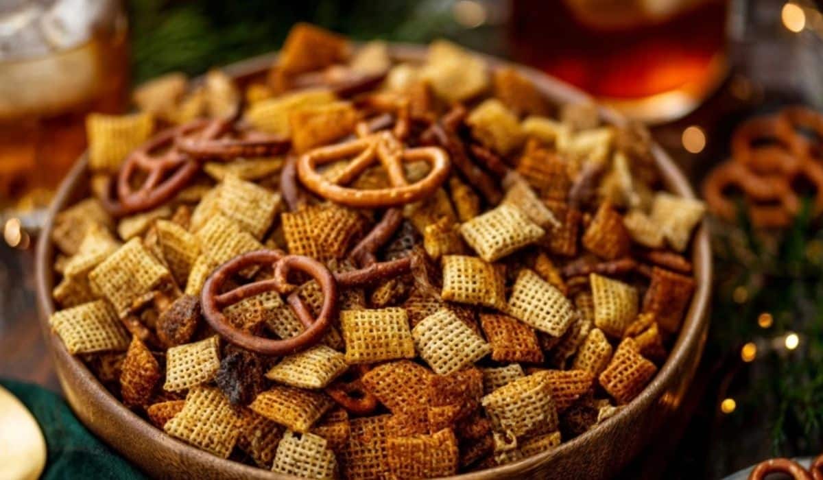 The Best Extra Bold Savory Chex Mix Recipe with pretzels and bold seasoning in a wooden bowl