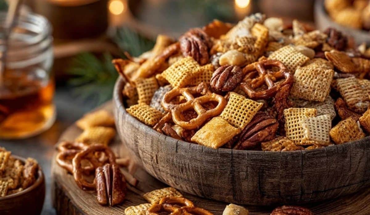 The Best Homemade Chex Mix in a rustic wooden bowl with pretzels and Chex cereal
