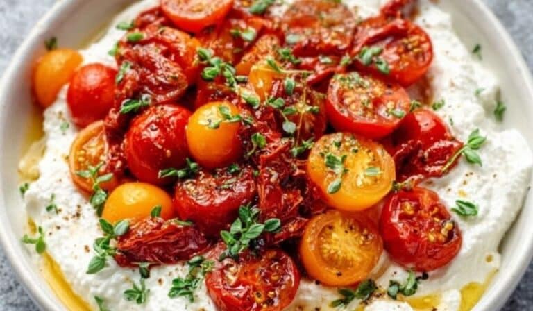 Whipped Cottage Cheese with Marinated Tomatoes topped with fresh herbs and olive oil in a white bowl