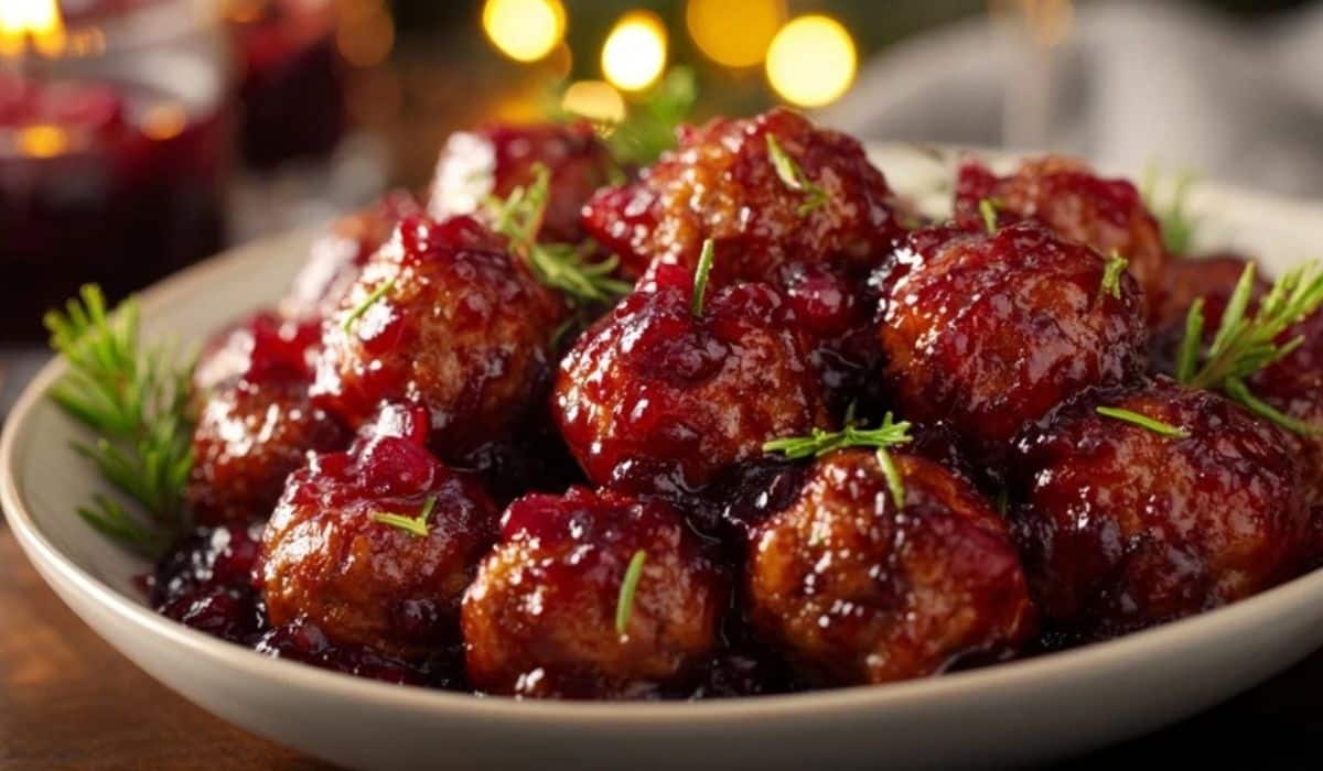Best Christmas Cranberry Meatballs served in a holiday bowl with rosemary garnish