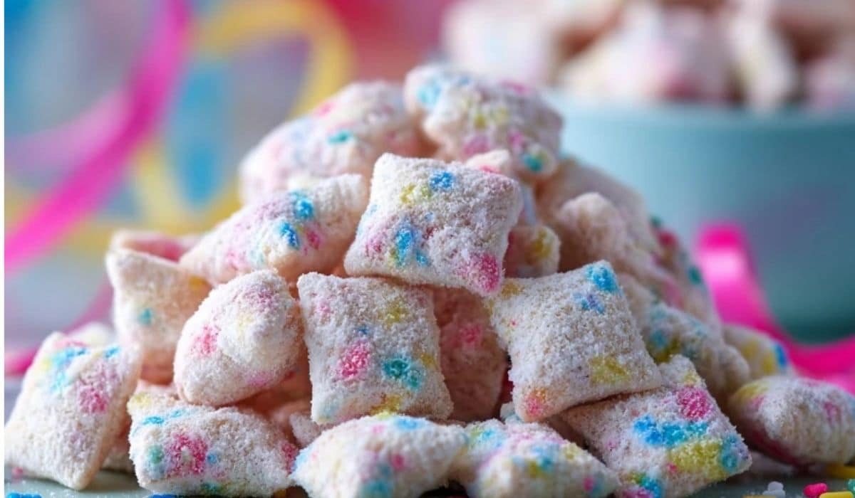 Cake Batter Puppy Chow in a colorful bowl with powdered sugar and rainbow sprinkles