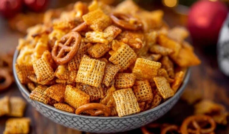 Cheesy Ranch Chex Mix in a bowl with pretzels and cereal