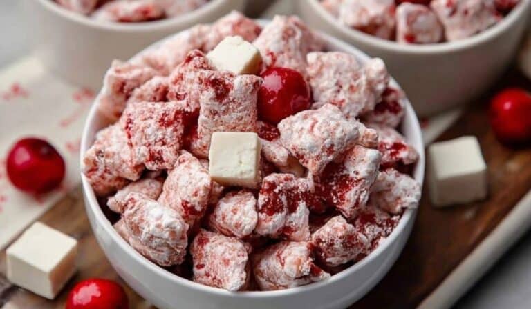 Cherry Cheesecake Puppy Chow in a white bowl with cherry candies and white chocolate cubes