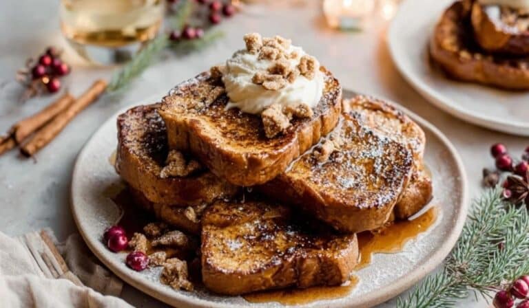 Easiest Gingerbread French Toast stacked and served with syrup and whipped cream