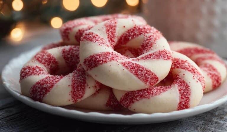 Candy Cane Cookies served on a holiday plate with hot cocoa