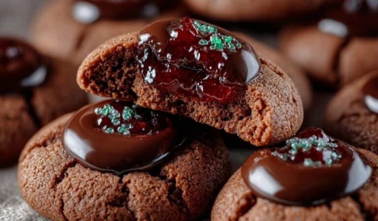 Chocolate Thumbprint Cookies stacked on a rustic wooden plate