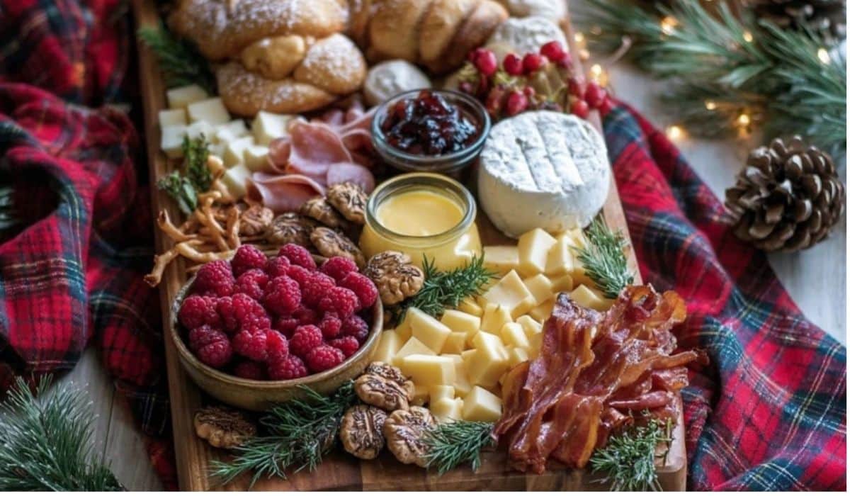 Festive Christmas Breakfast Charcuterie Board with holiday styling