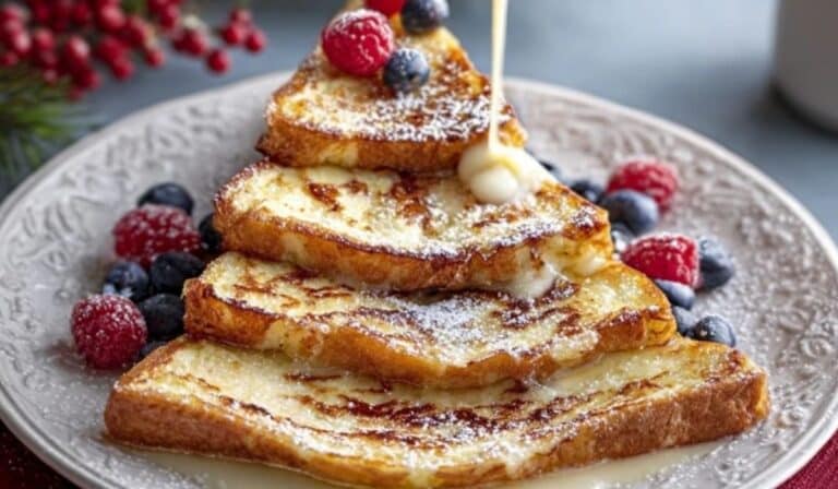 Christmas Tree Eggnog French Toast with maple syrup on a holiday breakfast table