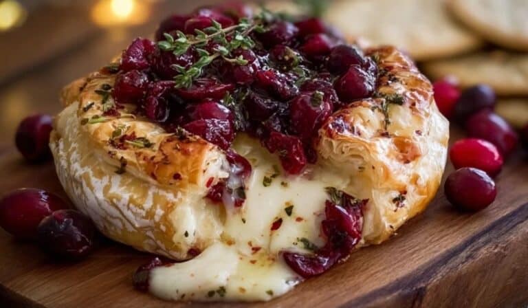 Cranberry brie cheese appetizer served on a wooden board