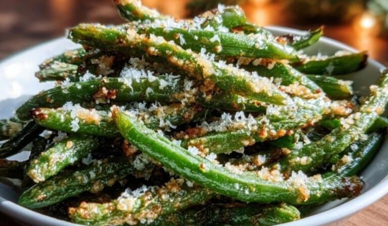 Crispy oven baked green beans with Parmesan on a festive table