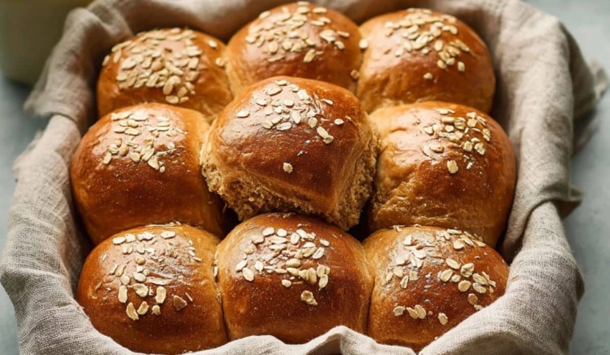 Oatmeal Molasses Dinner Rolls served in a rustic bread basket