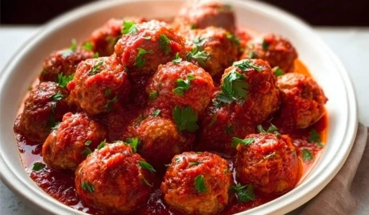 Slow Cooker Turkey Meatballs served hot in a rustic setting