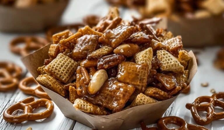 sweet and salty toffee chex mix in a rustic serving bowl