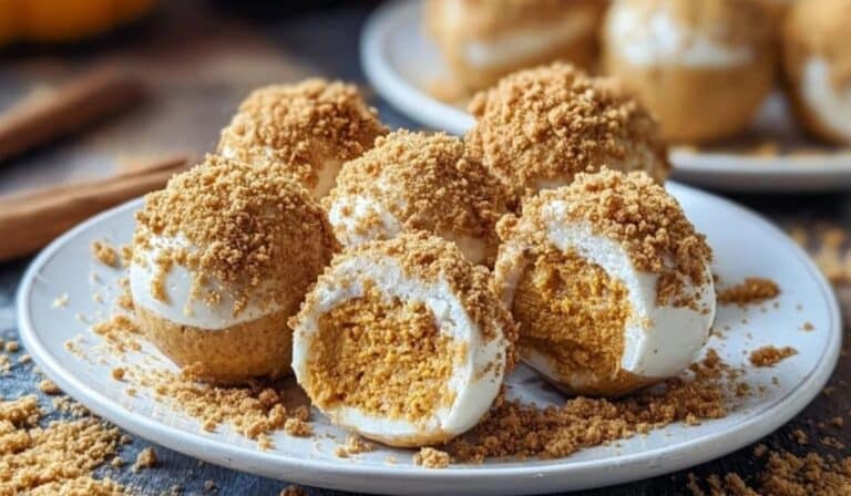 No Bake Pumpkin Cheesecake Balls arranged on a rustic tray with fall decor