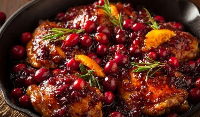 Skillet Cranberry Orange Chicken served in a pan