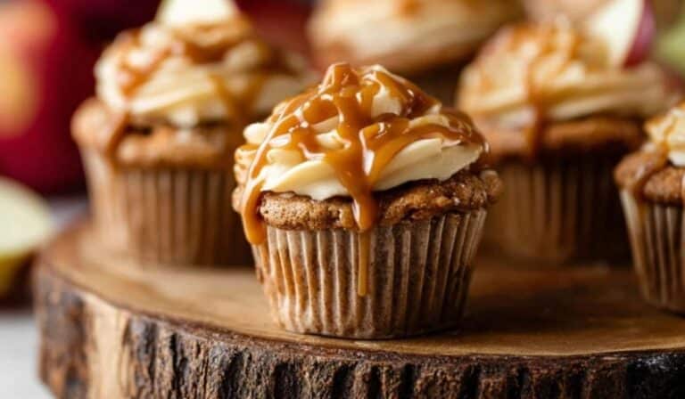 Featured Apple Cupcakes with Salted Caramel Frosting on rustic table