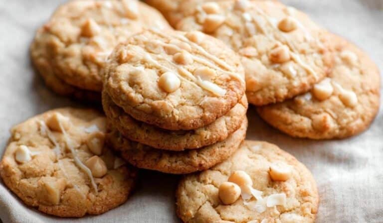 Stack of golden brown Coconut Macadamia Nut Cookies served on rustic plate
