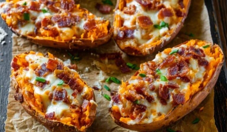 Loaded Sweet Potato Skins served on a rustic wooden platter