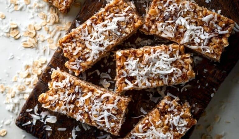 No-Bake Chewy Coconut Granola Bars on wooden board
