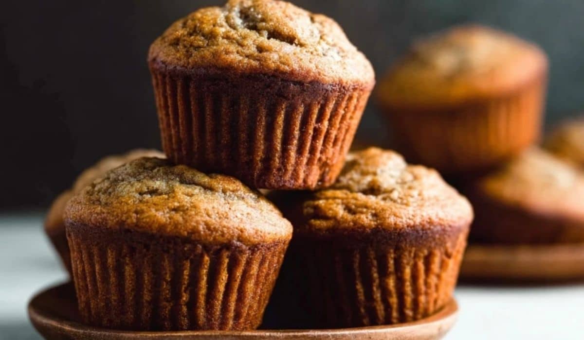 Quick and Easy Banana Muffins stacked on a wooden plate