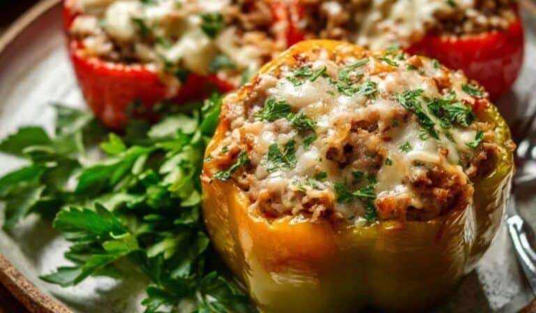 Sausage Stuffed Peppers served on rustic plate with herbs