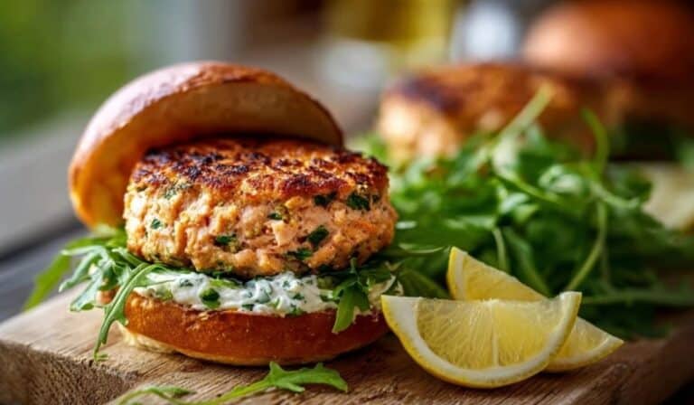 Canned salmon burgers served on rustic board with salad