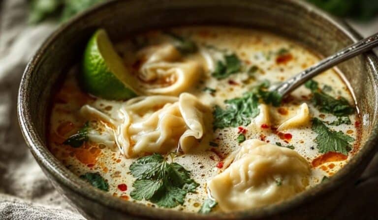 Cozy Thai Potsticker Soup in rustic bowl with garnishes