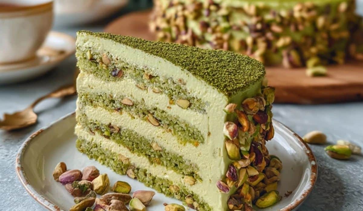 Elegant Pistachio Mascarpone Cake on white stand overhead