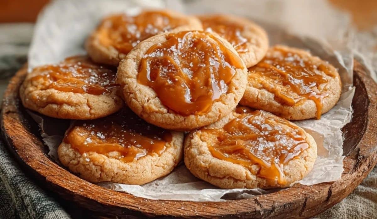 Gochujang Caramel Cookies served on a rustic wooden tray