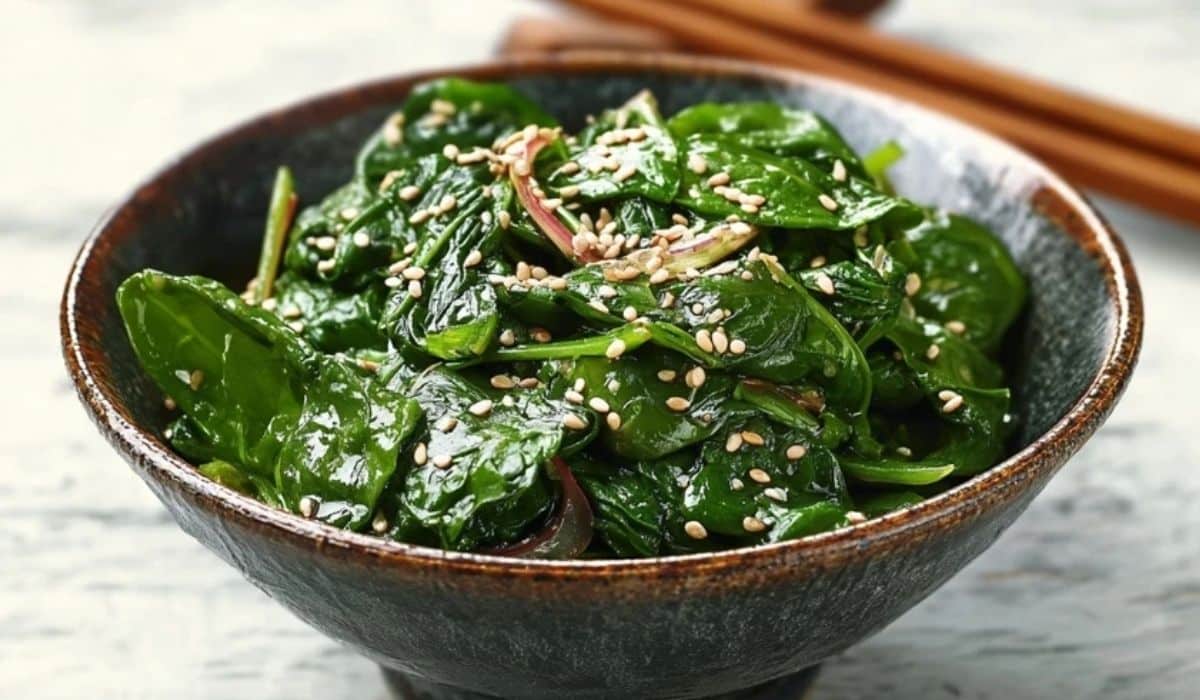 Japanese Spinach Salad with Sesame Dressing served in ceramic bowl