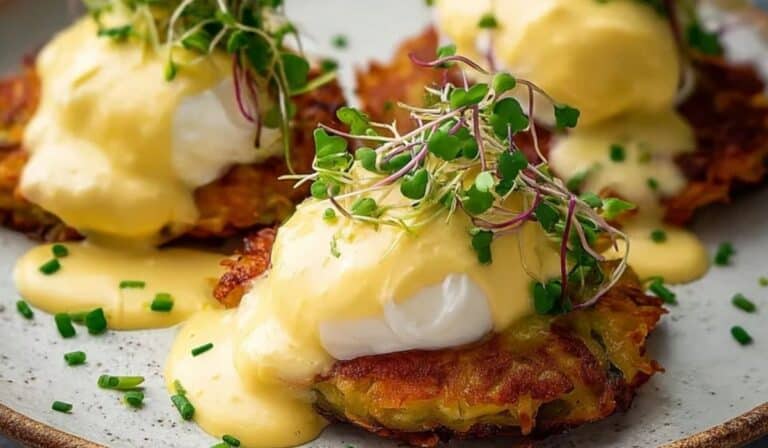 Mouthwatering Latke Eggs Benedict served with hollandaise and herbs