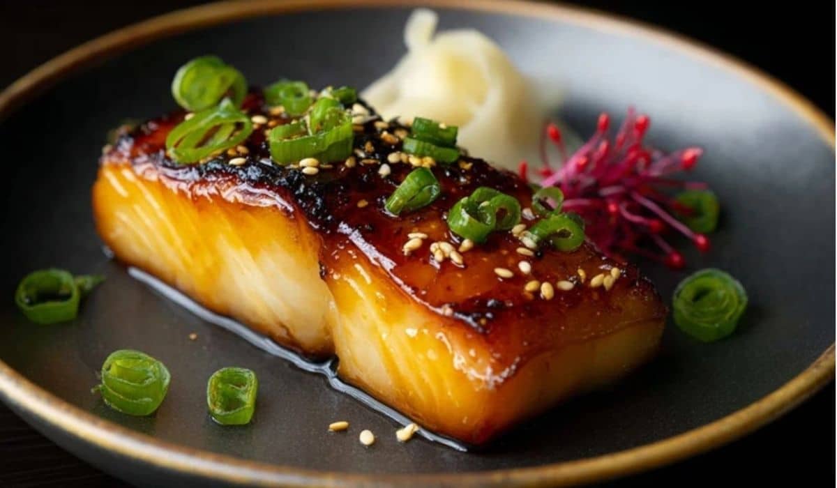 Nobu Miso Cod served on dark plate with caramelized glaze