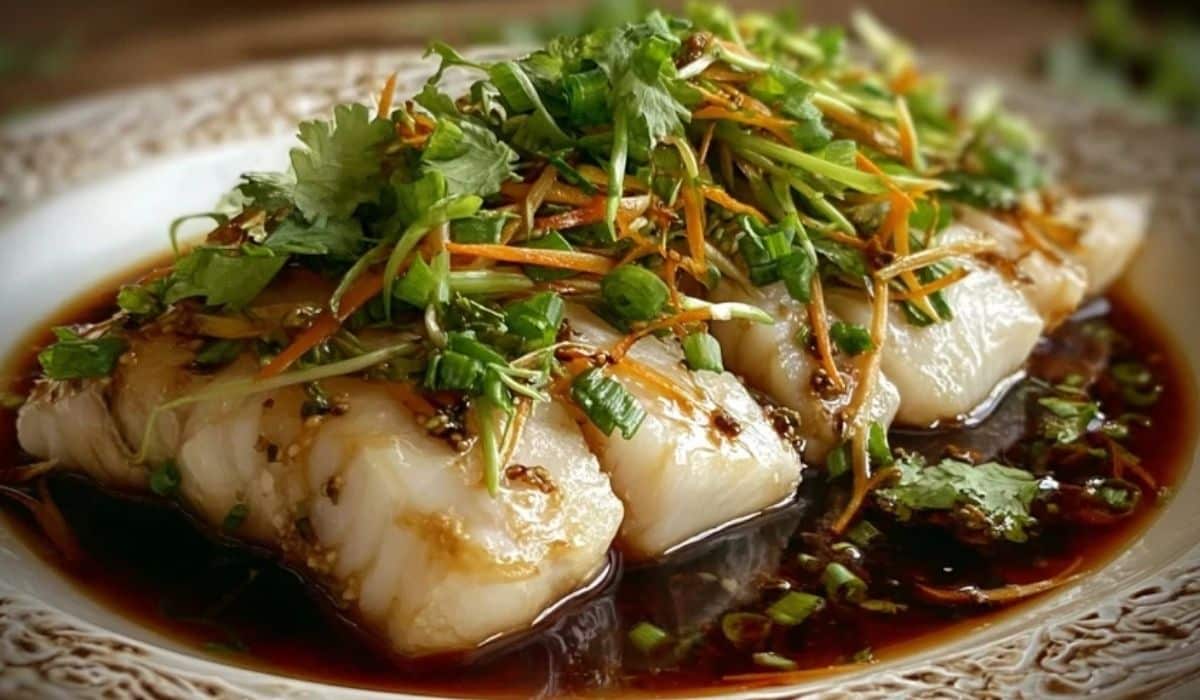 The Best Easy Ginger Soy Steamed Fish served on white platter with garnish
