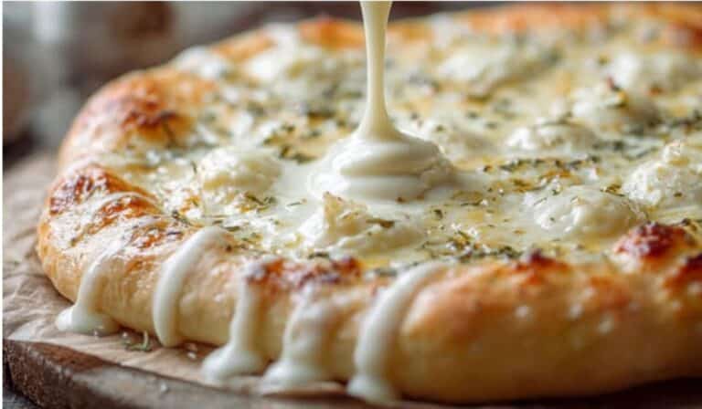 White Garlic Pizza Sauce on golden crust pizza